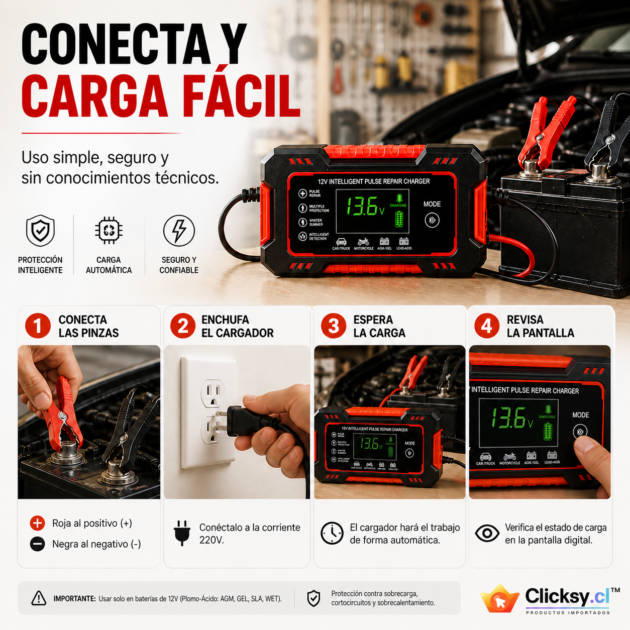 VoltFix Pro™ 12V Cargador Inteligente y Reparador de Baterías