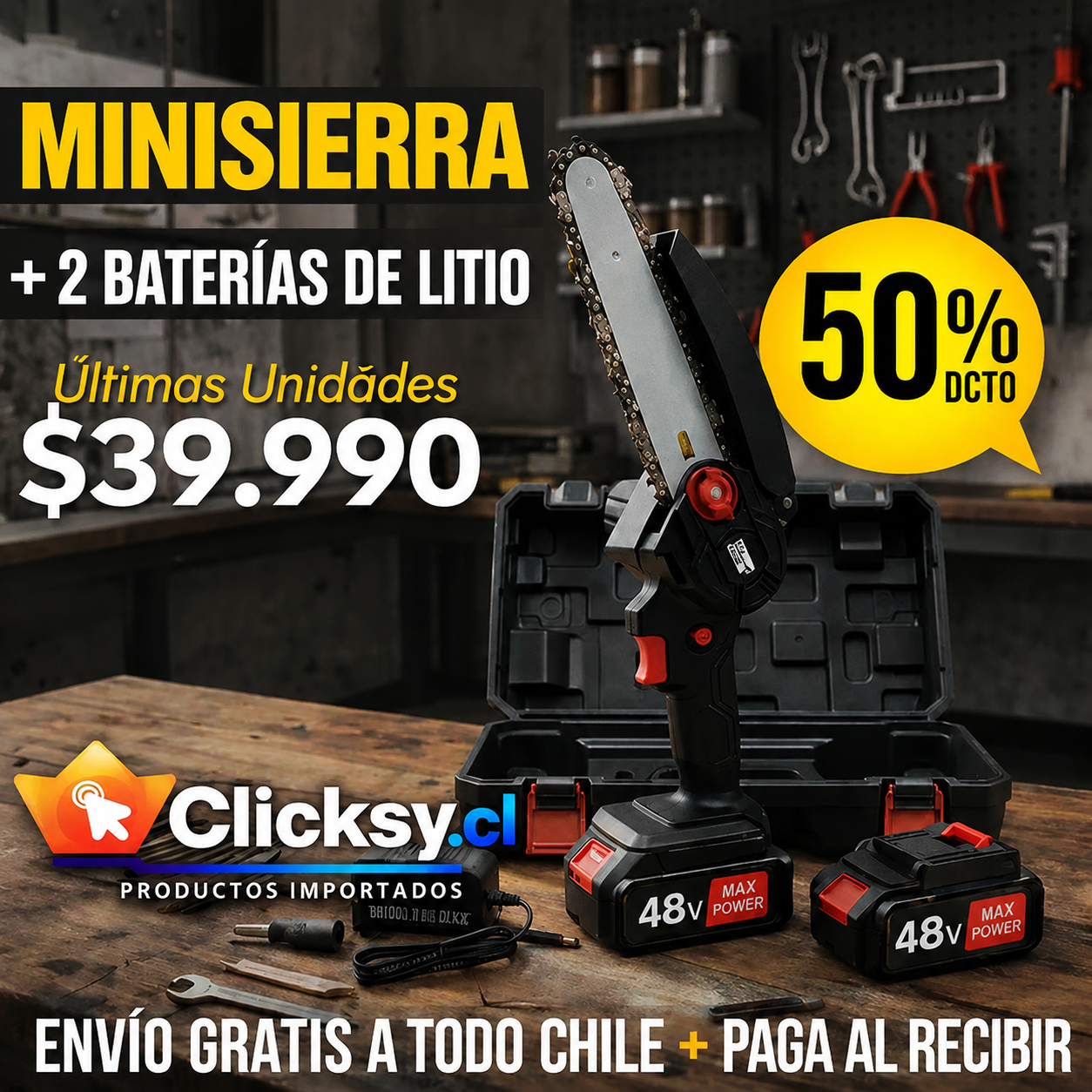 EasyCut®: Mini motosierra  Inalámbrica + 2 Baterías +  Accesorios Corta ramas y madera con UNA sola mano